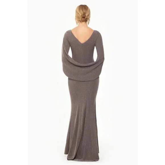 BETSY ADAM Jenna Long Metallic Draped Cowl Back Gown in Taupe/Silver Size US 10 - Picture 13 of 13